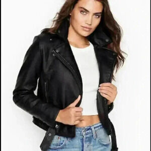 Victoria’s Secret Black Faded 50’s Cropped Belted Motorcycle Jacket Size M